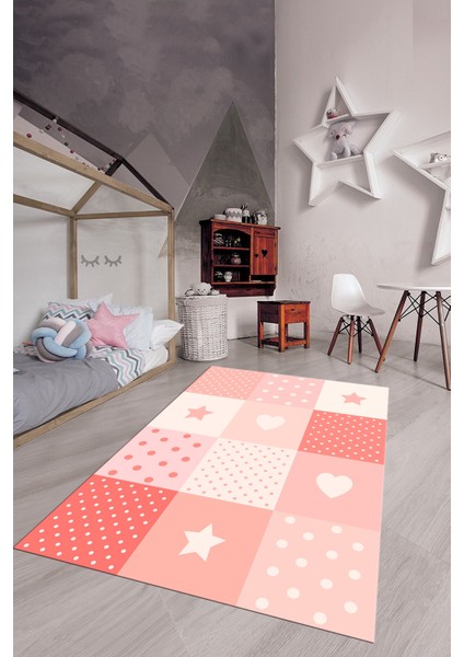 Dijital Baskılı Kaymaz Yıkanabilir Yıldız Kalp Desenli Çocuk Odası Halısı, Çocuk-10-Pembe, modelleri