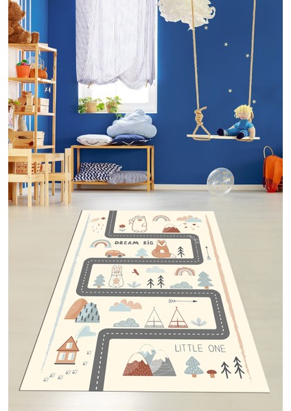 Kaymaz Taban Yıkanabilir Trafik Yollu Eğlendirici Çocuk Odası Oyun Halısı, Çocuk-16-Krem,