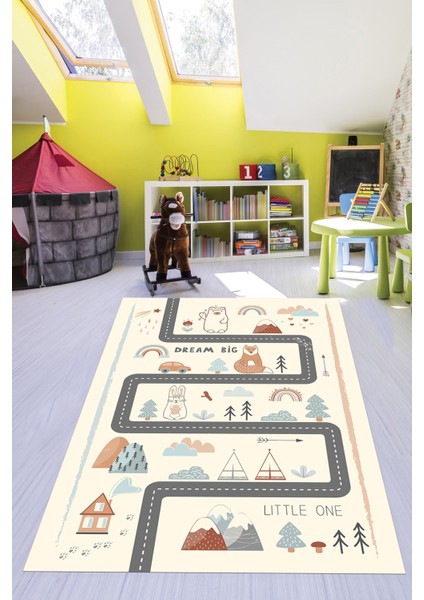 Kaymaz Taban Yıkanabilir Trafik Yollu Eğlendirici Çocuk Odası Oyun Halısı, Çocuk-16-Krem, fırsatları