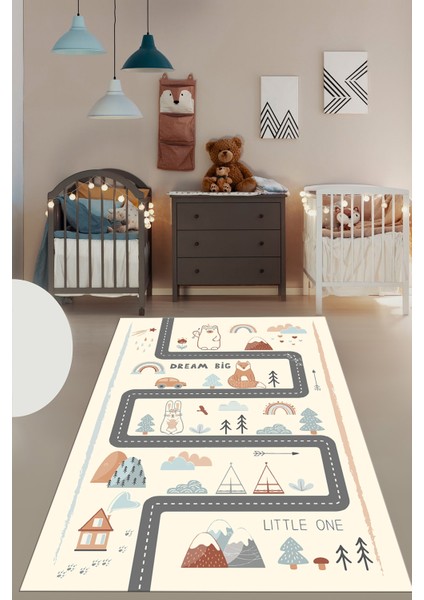 Kaymaz Taban Yıkanabilir Trafik Yollu Eğlendirici Çocuk Odası Oyun Halısı, Çocuk-16-Krem, indirimleri