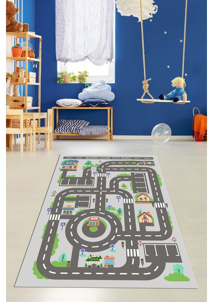 Kaymaz Taban Yıkanabilir Trafik Yol Desen Eğlendirici Çocuk Odası Oyun Halısı, Çocuk-17-Gri,