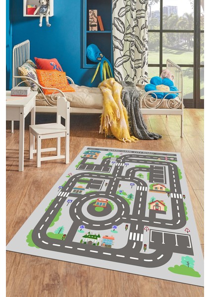 Kaymaz Taban Yıkanabilir Trafik Yol Desen Eğlendirici Çocuk Odası Oyun Halısı, Çocuk-17-Gri, modelleri
