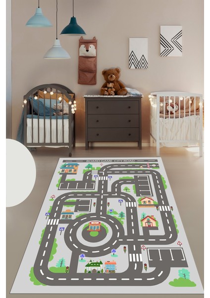 Kaymaz Taban Yıkanabilir Trafik Yol Desen Eğlendirici Çocuk Odası Oyun Halısı, Çocuk-17-Gri, indirimleri