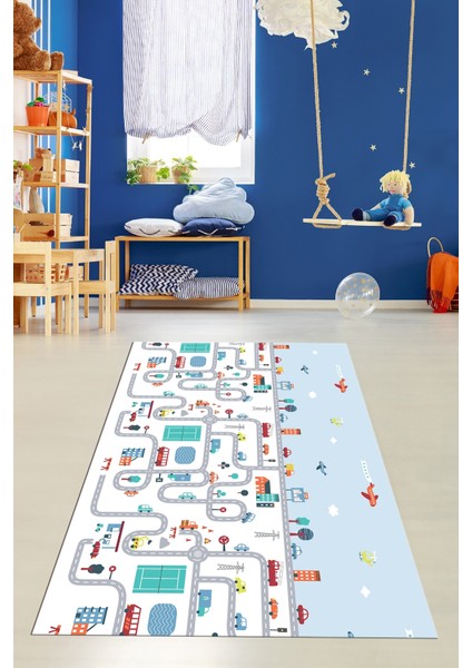 Dijital Baskılı Kaymaz Yıkanabilir Şehir Trafik Temalı Çocuk Odası Oyun Halısı, Çocuk-19-Renkli,
