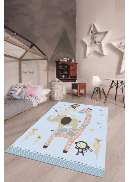 Dijital Baskılı Kaymaz Yıkanabilir Zürafa Maymun Fil Desen Çocuk Odası Halısı, Çocuk-21-Mavi,