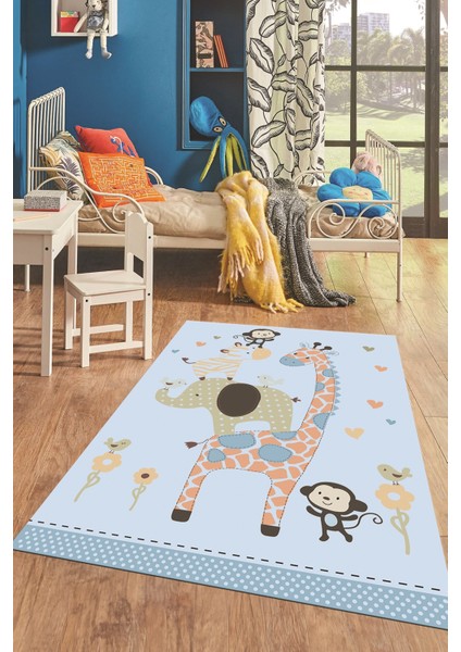Dijital Baskılı Kaymaz Yıkanabilir Zürafa Maymun Fil Desen Çocuk Odası Halısı, Çocuk-21-Mavi, fiyatları