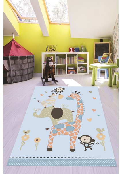 Dijital Baskılı Kaymaz Yıkanabilir Zürafa Maymun Fil Desen Çocuk Odası Halısı, Çocuk-21-Mavi, modelleri
