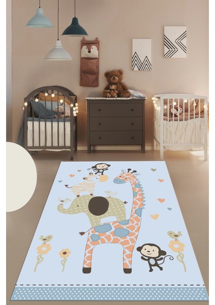 Dijital Baskılı Kaymaz Yıkanabilir Zürafa Maymun Fil Desen Çocuk Odası Halısı, Çocuk-21-Mavi, fırsatları