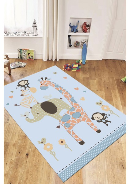 Dijital Baskılı Kaymaz Yıkanabilir Zürafa Maymun Fil Desen Çocuk Odası Halısı, Çocuk-21-Mavi, indirimleri