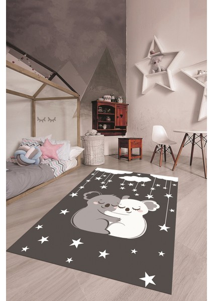 Dijital Baskılı Kaymaz Yıkanabilir Kuala Desenli Çocuk Odası Halısı, Çocuk-22-Antrasit,