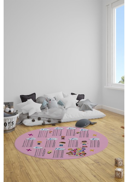 Dijital Kaymaz Yıkanabilir Çarpım Tablosu Desenli Yuvarlak Çocuk Odası Halısı, Y-Çocuk-05-Pembe,