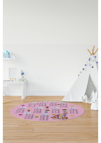 Dijital Kaymaz Yıkanabilir Çarpım Tablosu Desenli Yuvarlak Çocuk Odası Halısı, Y-Çocuk-05-Pembe,