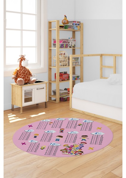 Dijital Kaymaz Yıkanabilir Çarpım Tablosu Desenli Yuvarlak Çocuk Odası Halısı, Y-Çocuk-05-Pembe,