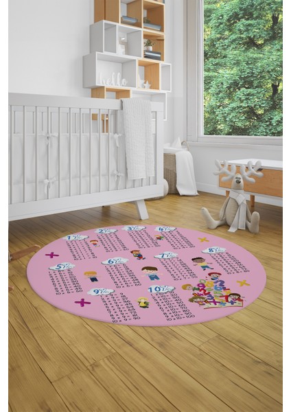 Dijital Kaymaz Yıkanabilir Çarpım Tablosu Desenli Yuvarlak Çocuk Odası Halısı, Y-Çocuk-05-Pembe,