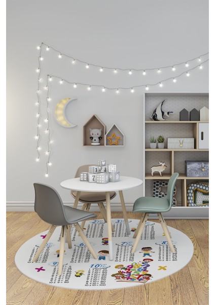 Dijital Kaymaz Yıkanabilir Çarpım Tablosu Desenli Yuvarlak Çocuk Odası Halısı, Y-Çocuk-05-Beyaz,