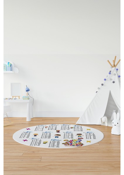 Dijital Kaymaz Yıkanabilir Çarpım Tablosu Desenli Yuvarlak Çocuk Odası Halısı, Y-Çocuk-05-Beyaz, modelleri