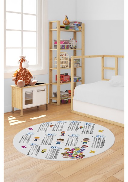 Dijital Kaymaz Yıkanabilir Çarpım Tablosu Desenli Yuvarlak Çocuk Odası Halısı, Y-Çocuk-05-Beyaz, fırsatları