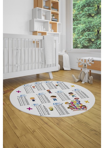 Dijital Kaymaz Yıkanabilir Çarpım Tablosu Desenli Yuvarlak Çocuk Odası Halısı, Y-Çocuk-05-Beyaz, indirimleri