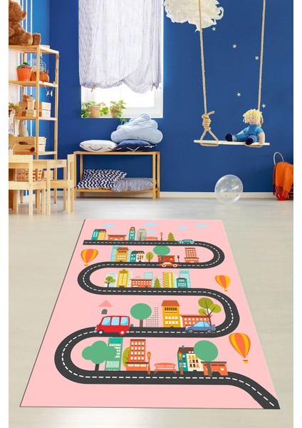 Kaymaz Taban Yıkanabilir Trafik Araba Eğlendirici Çocuk Odası Oyun Halısı, Çocuk-18-Pembe,