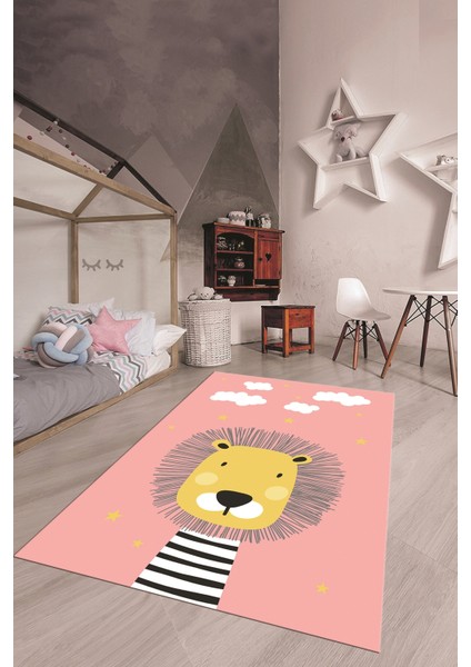 Dijital Baskılı Kaymaz Yıkanabilir Zürafa Desenli Çocuk Odası Halısı, Çocuk-25-Pembe,