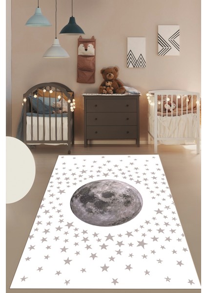 Dijital Baskılı Kaymaz Taban Yıkanabilir Yıldız Ay Desen Çocuk Odası Halısı, Çocuk-27-Beyaz, modelleri