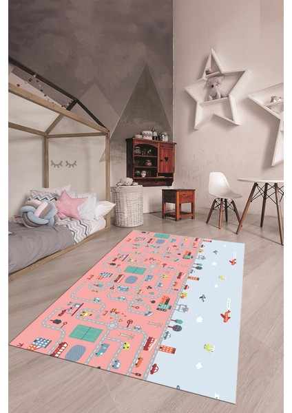 Dijital Baskılı Kaymaz Yıkanabilir Şehir Trafik Temalı Çocuk Odası Oyun Halısı, Çocuk-19-Pembe, fiyatları