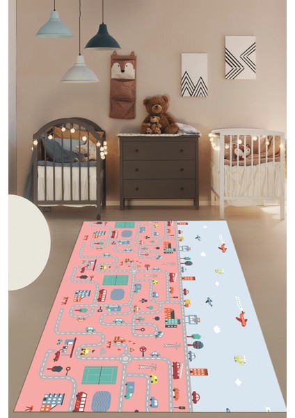 Dijital Baskılı Kaymaz Yıkanabilir Şehir Trafik Temalı Çocuk Odası Oyun Halısı, Çocuk-19-Pembe, indirimleri