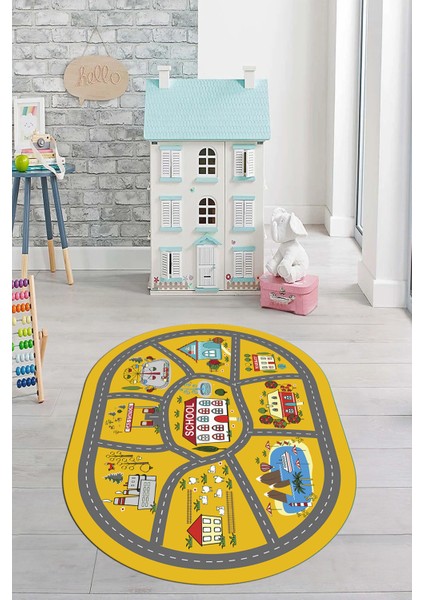 Dijital Baskılı Kaymaz Yıkanabilir Trafik Araba Yollu Oval Çocuk Odası Halısı, O-Çocuk-02-Sarı, modelleri