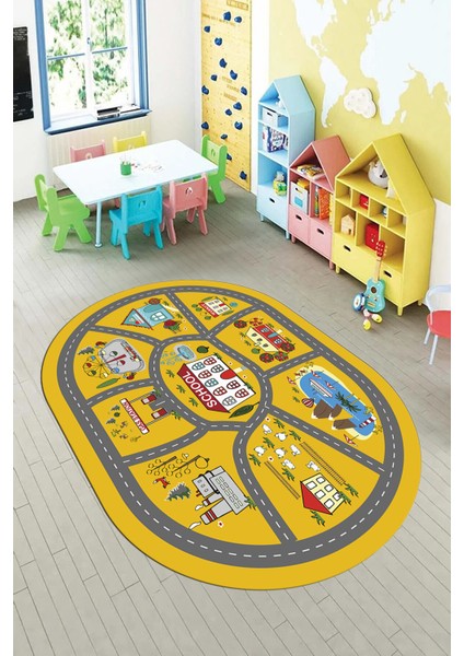 Dijital Baskılı Kaymaz Yıkanabilir Trafik Araba Yollu Oval Çocuk Odası Halısı, O-Çocuk-02-Sarı, fırsatları