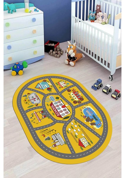 Dijital Baskılı Kaymaz Yıkanabilir Trafik Araba Yollu Oval Çocuk Odası Halısı, O-Çocuk-02-Sarı, fiyatları