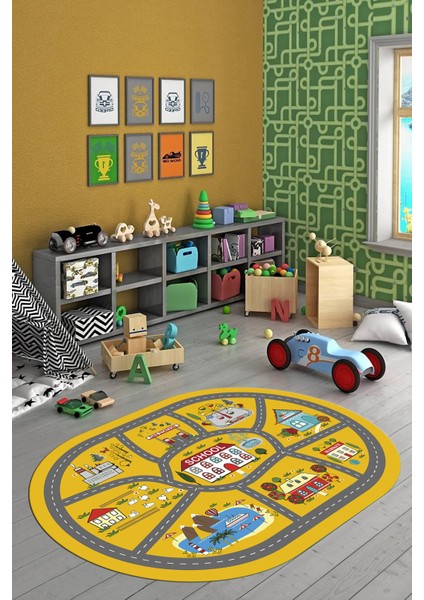 Dijital Baskılı Kaymaz Yıkanabilir Trafik Araba Yollu Oval Çocuk Odası Halısı, O-Çocuk-02-Sarı, indirimleri