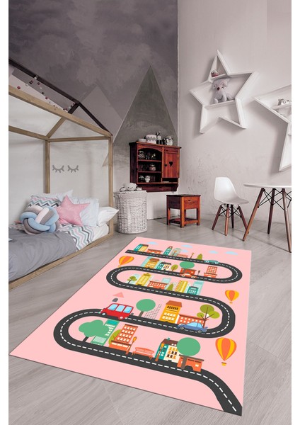 Kaymaz Taban Yıkanabilir Trafik Araba Eğlendirici Çocuk Odası Oyun Halısı, Çocuk-18-Pembe, fiyatları