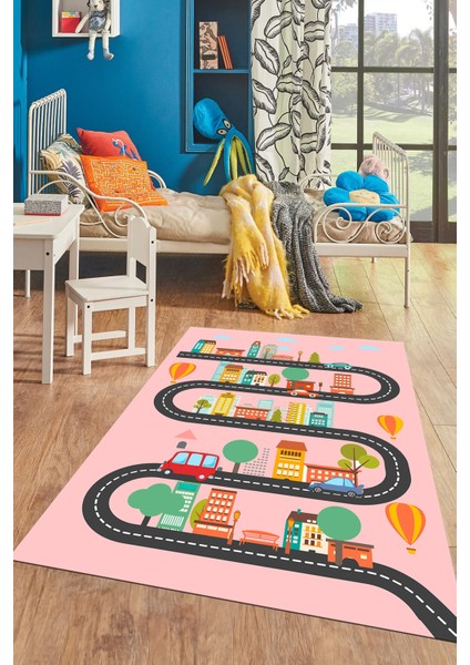 Kaymaz Taban Yıkanabilir Trafik Araba Eğlendirici Çocuk Odası Oyun Halısı, Çocuk-18-Pembe, modelleri