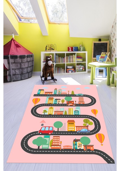 Kaymaz Taban Yıkanabilir Trafik Araba Eğlendirici Çocuk Odası Oyun Halısı, Çocuk-18-Pembe, fırsatları