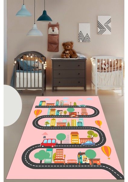 Kaymaz Taban Yıkanabilir Trafik Araba Eğlendirici Çocuk Odası Oyun Halısı, Çocuk-18-Pembe, indirimleri