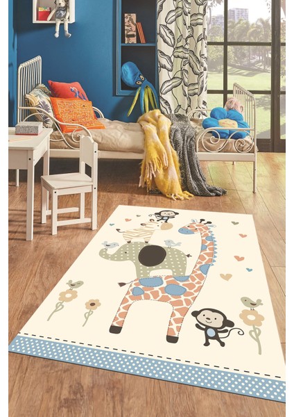 Dijital Baskılı Kaymaz Yıkanabilir Zürafa Maymun Fil Desen Çocuk Odası Halısı, Çocuk-21-Krem, fiyatları