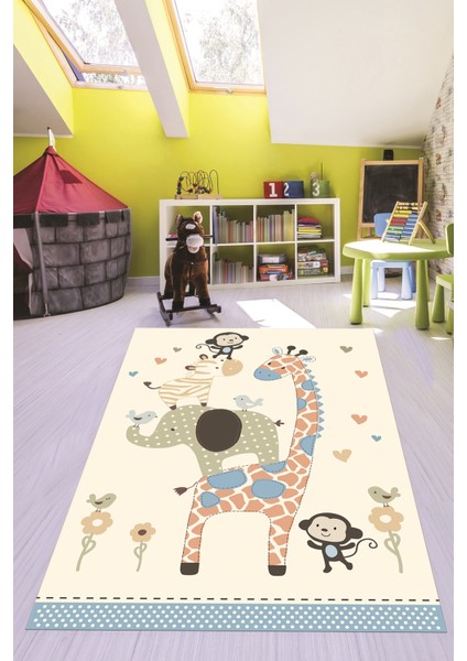 Dijital Baskılı Kaymaz Yıkanabilir Zürafa Maymun Fil Desen Çocuk Odası Halısı, Çocuk-21-Krem, modelleri
