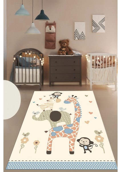 Dijital Baskılı Kaymaz Yıkanabilir Zürafa Maymun Fil Desen Çocuk Odası Halısı, Çocuk-21-Krem, fırsatları