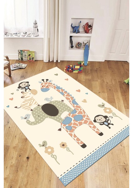 Dijital Baskılı Kaymaz Yıkanabilir Zürafa Maymun Fil Desen Çocuk Odası Halısı, Çocuk-21-Krem, indirimleri