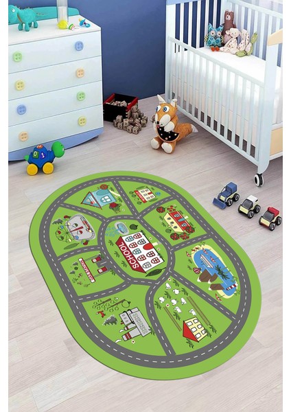 Dijital Baskılı Kaymaz Yıkanabilir Trafik Araba Yollu Oval Çocuk Odası Halısı, O-Çocuk-02-Yeşil, fiyatları