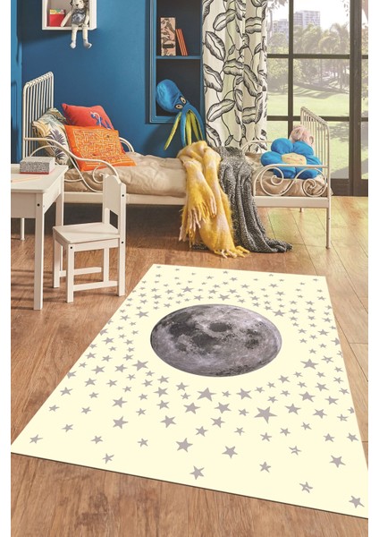 Dijital Baskılı Kaymaz Taban Yıkanabilir Yıldız Ay Desen Çocuk Odası Halısı, Çocuk-27-Krem,