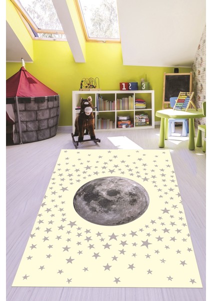Dijital Baskılı Kaymaz Taban Yıkanabilir Yıldız Ay Desen Çocuk Odası Halısı, Çocuk-27-Krem, fiyatları