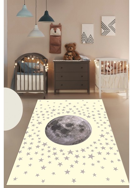 Dijital Baskılı Kaymaz Taban Yıkanabilir Yıldız Ay Desen Çocuk Odası Halısı, Çocuk-27-Krem, modelleri