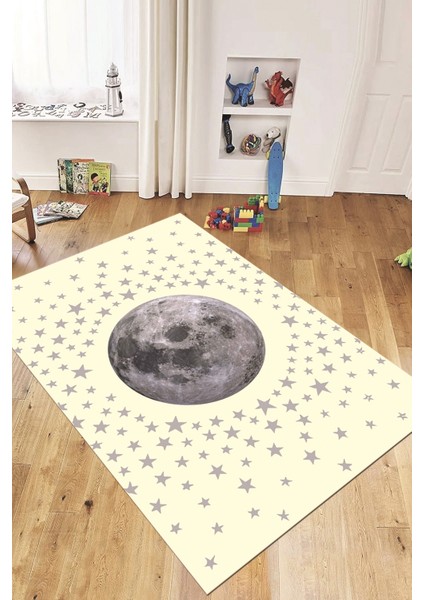 Dijital Baskılı Kaymaz Taban Yıkanabilir Yıldız Ay Desen Çocuk Odası Halısı, Çocuk-27-Krem, fırsatları