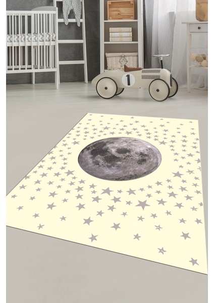 Dijital Baskılı Kaymaz Taban Yıkanabilir Yıldız Ay Desen Çocuk Odası Halısı, Çocuk-27-Krem, indirimleri
