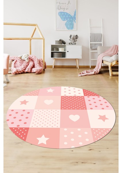 Dijital Baskılı Kaymaz Yıkanabilir Yıldız Kalp Desenli Yuvarlak Çocuk Odası Halısı, Y-Çocuk-10-Pembe, modelleri