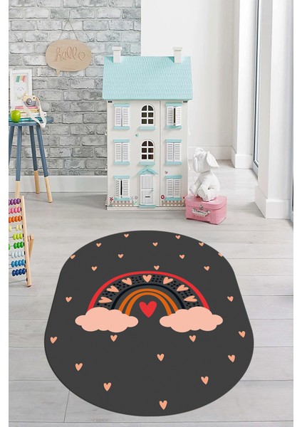 Kaymaz Taban Yıkanabilir Kalpli Gökküşağı Desenli Oval Çocuk Odası Halısı, O-Çocuk-15-Antrasit,