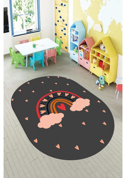 Kaymaz Taban Yıkanabilir Kalpli Gökküşağı Desenli Oval Çocuk Odası Halısı, O-Çocuk-15-Antrasit, fiyatları