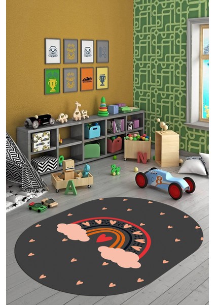 Kaymaz Taban Yıkanabilir Kalpli Gökküşağı Desenli Oval Çocuk Odası Halısı, O-Çocuk-15-Antrasit, modelleri