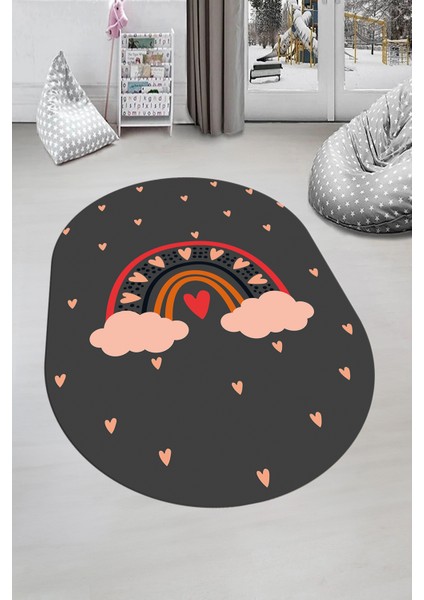 Kaymaz Taban Yıkanabilir Kalpli Gökküşağı Desenli Oval Çocuk Odası Halısı, O-Çocuk-15-Antrasit, fırsatları